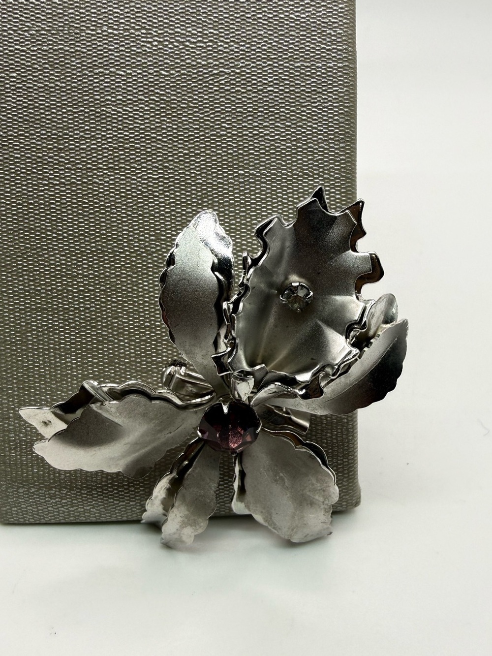Vintage Silver Tone Orchid Brooch Purple Rhinestone Floral Pin